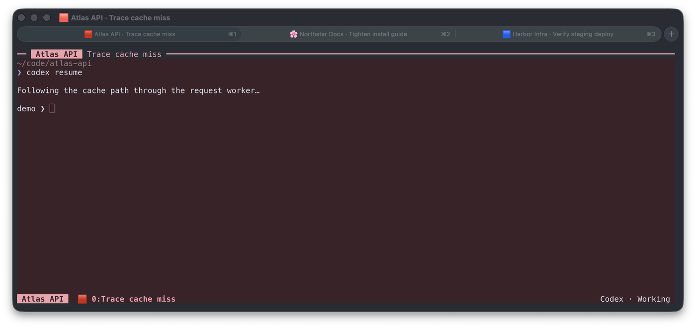 Three native Ghostty tabs with Atlas API active and its repository, task and state visible